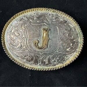 Justin J Stamped Mexico Silver Large Belt Buckle Gold Tone Trim Country Western